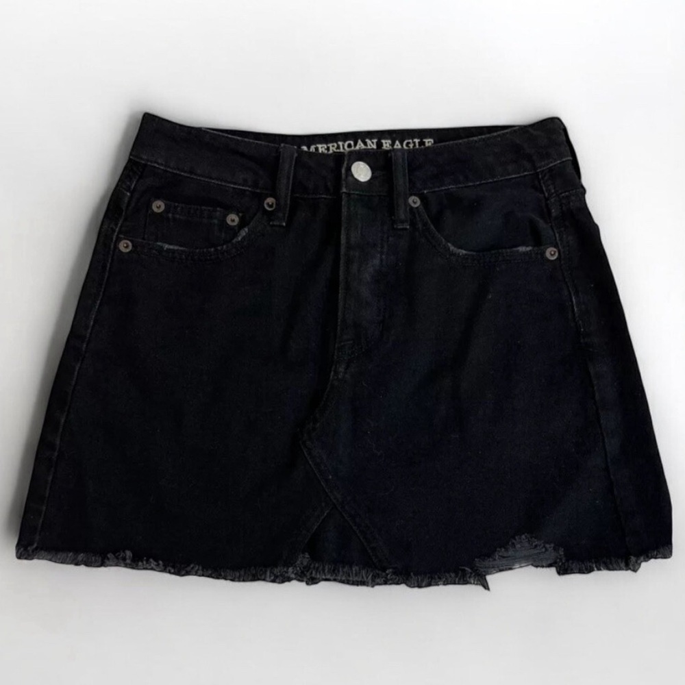 AMERICAN EAGLE WOMENS BLACK HI RISE FESTIVAL MINI DENIM DISTRESSED SKIRT 8